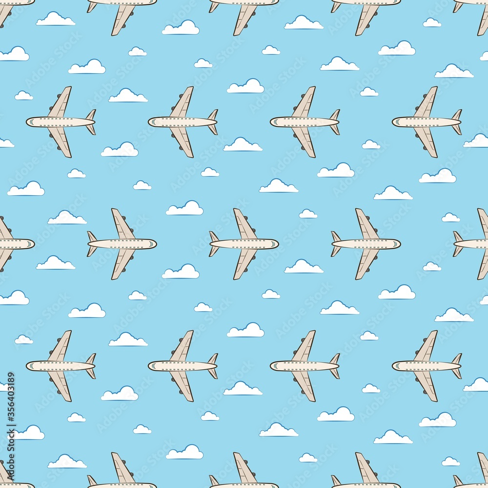 Seamless pattern with planes and clouds on blue background.