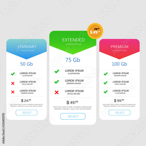 Pricing Business Plans Set. Design Element For Website. Collection Of Pricing Plans For Websites And Applications. Hosting Table Banner