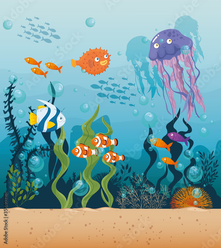 jellyfish with fishes wild marine animals in ocean, sea world dwellers, cute underwater creatures,habitat marine concept vector illustration design