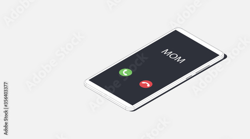 Mom and mother caller, incoming calls. Isometric vector illustration. Realistic white outline smartphone. 3d model isolated on a gray background. Phone interface with two icons accept or reject a call