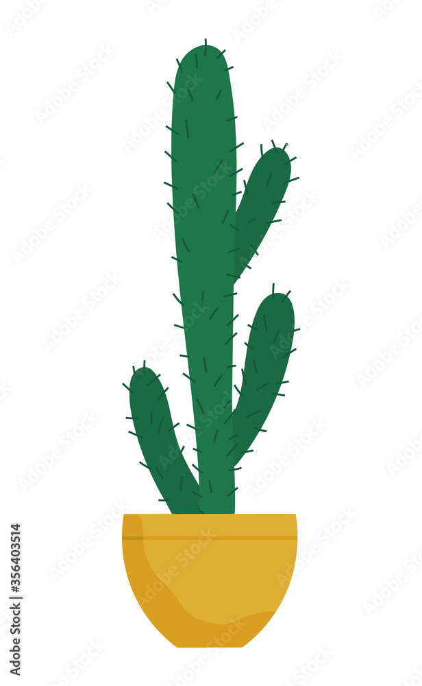 Evergreen plant with prickly thorns in yellow pot. Cactus that grown indoor in potting soil. Object of decor isolated on white cacti. Vector illustration of tropical houseplant in flat style Evergreen plant with prickly thorns in yellow pot. Cactus that grown indoor in potting soil. Object of decor isolated on white cacti. Vector illustration of tropical houseplant in flat style
