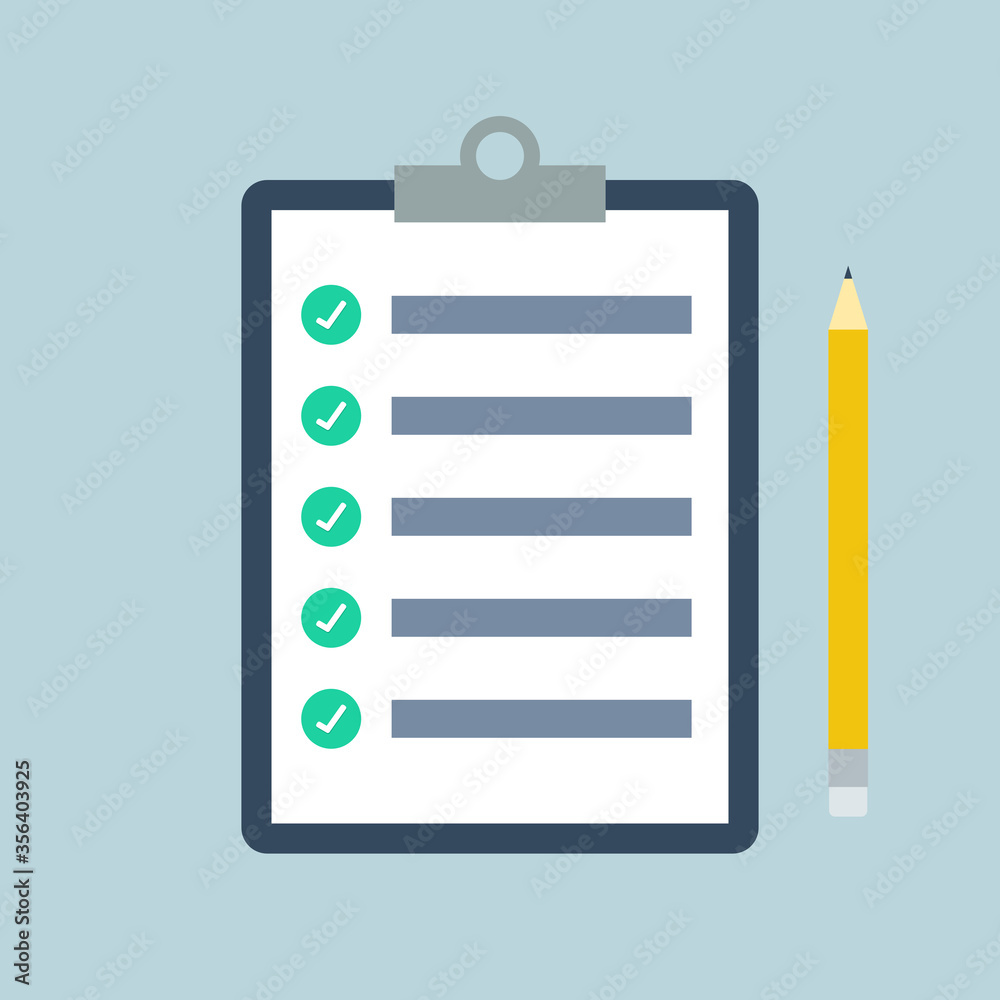 Checklist vector. Business concept. Clipboard and pencil. Flat design on light blue background. Checklist vector. Business concept. Clipboard and pencil. Flat design on light blue background.