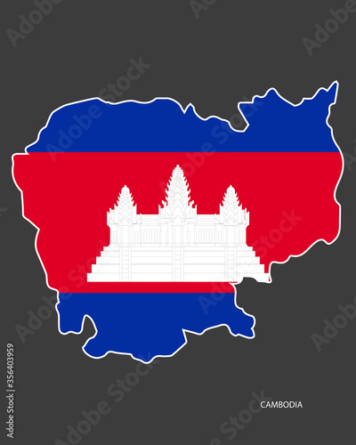 Sticker outline map of Cambodia on dark grey background. Cambodia flag in Cambodia map shape isolated on barely dark background.