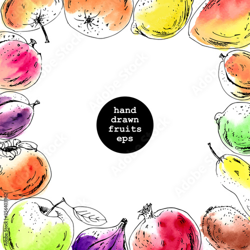 Hand drawn ink sketch and watercolor stain fruits background