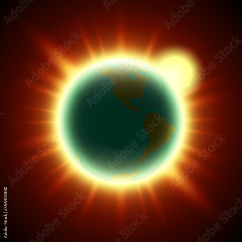 world map with the rising sun. Globe icon in the space sunlight. Planet Earth on sunny glow background view from space. Continents world Sunshine picture. Colorful poster presentation