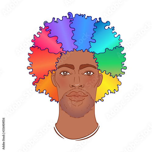 LGBT person with rainbow hair an beard. African american man. Gay Pride. LGBTQ concept. Isolated on white vector colorful illustration. Sticker, patch, t-shirt print, logo design.