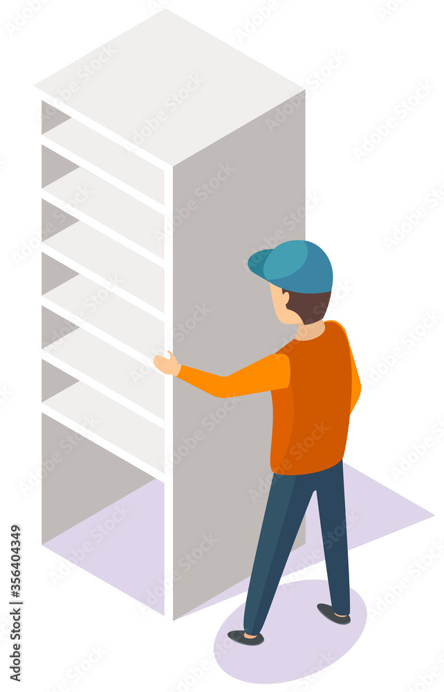 Porter in uniform moving empty white bookshelf. Wooden bookcase, modern cabinet or plastic cupboard. Living room piece of furniture 3D vector illustration Porter in uniform moving empty white bookshelf. Wooden bookcase, modern cabinet or plastic cupboard. Living room piece of furniture 3D vector illustration