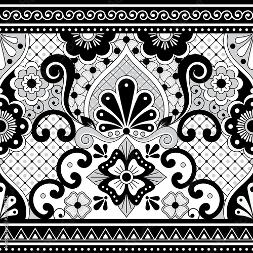 Mexican Talavera Poblana vector seamless pattern, repetitive background inspired by traditional pottery and ceramics design from Mexico in black and white