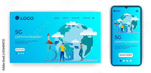 5G communication.Template for the user interface of the site's home page.Landing page template.The adaptive design of the smartphone.vector illustration.