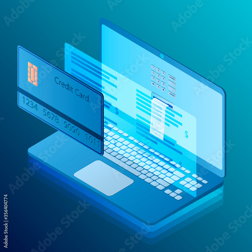 Transfer payments from a laptop to a credit card.Modern business card with transfer of payments to a computer credit . Online mobile banking is an isometric concept. Modern communication technologies.