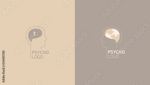 Delicate linear logos depicting the head of a person in profile and his brain. Vector illustration logo for a psychologist. Mental health and psychology. The study of human psychology.
