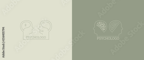 Delicate linear logos depicting the head of a person in profile and his brain. Vector illustration logo for a psychologist. Mental health and psychology. The study of human psychology.