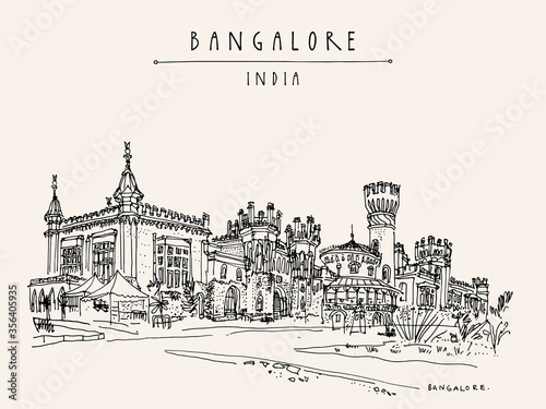 Bangalore, Karnataka, India. Beautiful Bangalore palace. Vintage hand drawn postcard