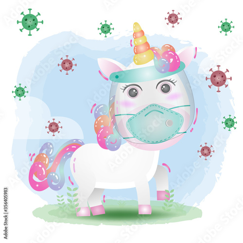 cute unicorn using face shield and mask. Covid-19, coronavirus vector illustration