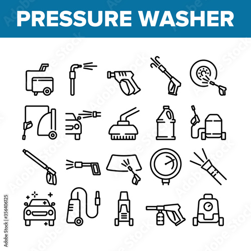 Pressure Washer Tool Collection Icons Set Vector. Pressure Washer Equipment For Wash Car Wheel And Glass, Brush And Sprayer Concept Linear Pictograms. Monochrome Contour Illustrations