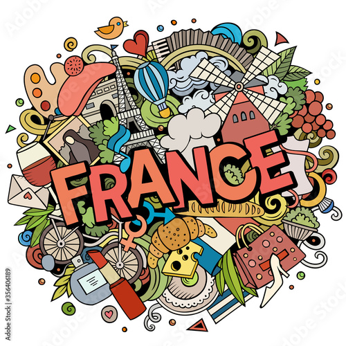 France hand drawn cartoon doodles illustration. Funny travel design.