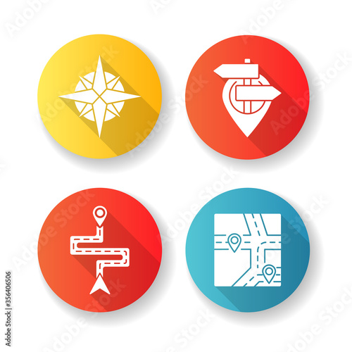 Navigation flat design long shadow glyph icons set. Modern land and marine navigation. Rose of winds, location pointer, route navigator and GPS map. Silhouette RGB color illustration
