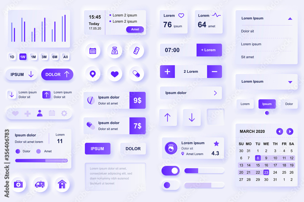 User interface elements for medical mobile app. Diagnosis and treatment, pharmacy store and laboratory gui templates. Unique neumorphic ui ux design kit. Manage, navigation, search form and components