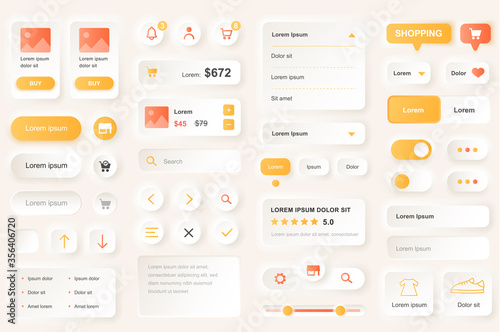 User interface elements for shopping mobile app. Shopping platform navigation, product rating and price gui templates. Unique neumorphic ui ux design kit. Manage, search and payment form and component photo