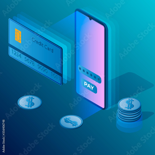 The transfer of payments from a smartphone to a credit card.Modern business card with transfer payments smartphone credit . Internet mobile banking isometric concept.  Modern communication technology.