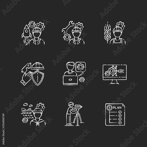 Industrial production worker chalk white icons set on black background. Civil engineering. Expenditure plan. Manufacturing worker. Rocket builder. Isolated vector chalkboard illustrations