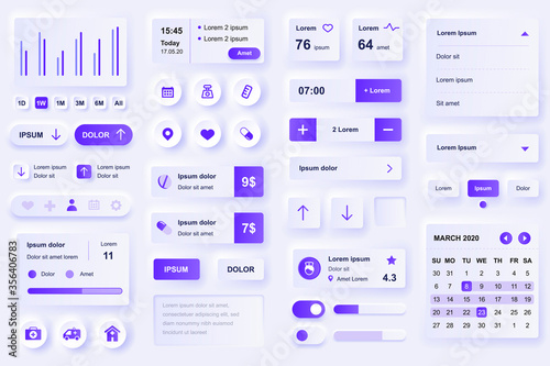 User interface elements for medical mobile app. Diagnosis and treatment, pharmacy store and laboratory gui templates. Unique neumorphic ui ux design kit. Manage, navigation, search form and components