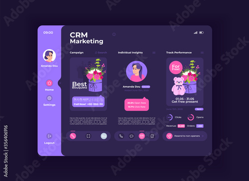 Audience loyalty increase tablet interface vector template. Mobile app page night mode design layout. CRM service screen. Flat UI for application. Online marketing campaign. Portable device display