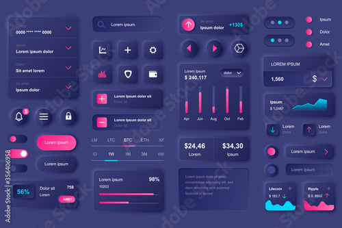 User interface elements for cryptocurrency mobile app. Cryptocurrency mining, exchange and stock trading gui templates. Unique neumorphic ui ux design kit. Manage, navigation and analytics components