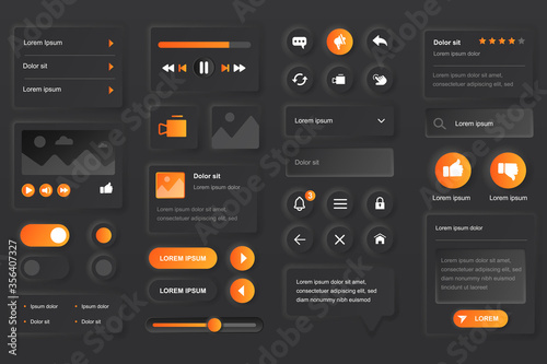 User interface elements for video tube mobile app. Live streaming service, multimedia content, video player gui templates. Unique neumorphic ui ux design kit. Manage and navigation form and components