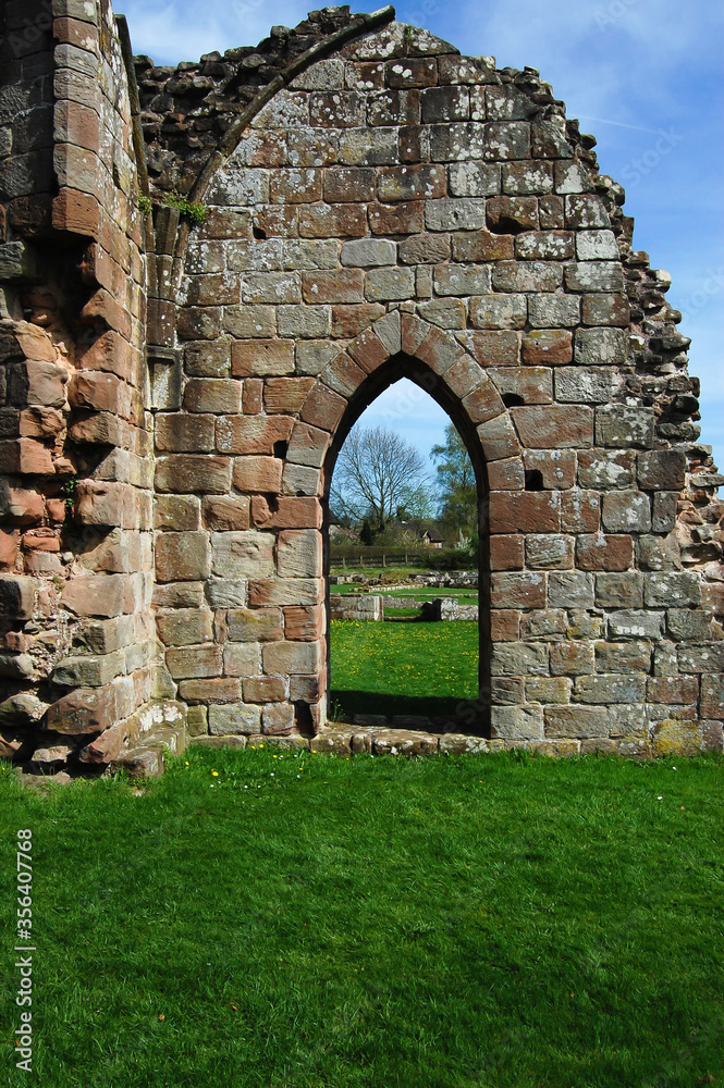 One of the arched doorways remaining at the ruined Cistercian abbey in Croxden, Staffordshire, England.