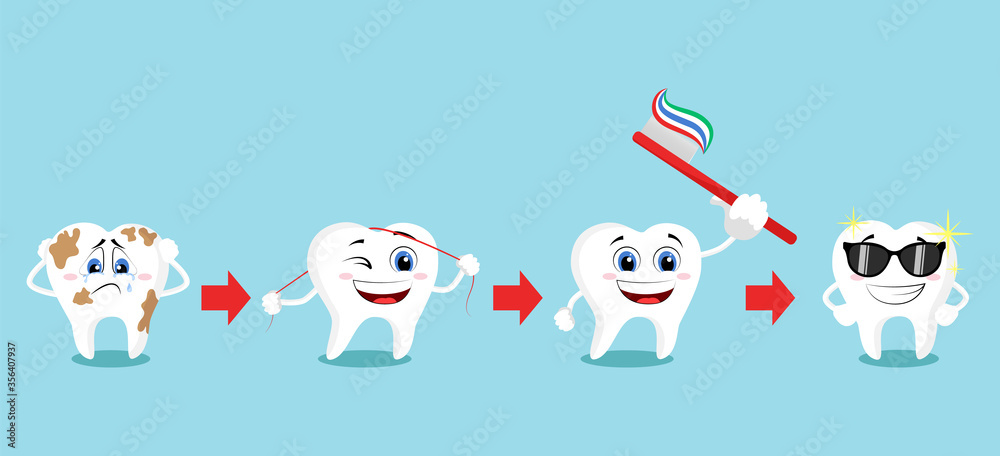 Smiling and upset animated cartoon teeth characters. Healthy white teeth  and tooth with dental plaque socializing. Oral hygiene, teeth cleaning.  Teeth poster. Stock Vector | Adobe Stock