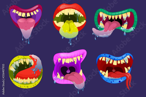 Collection of mouths of monsters. Funny jaws and crazy face laugh maws of happy bizarre creatures expression zombie or alien character cartoon vector icon set