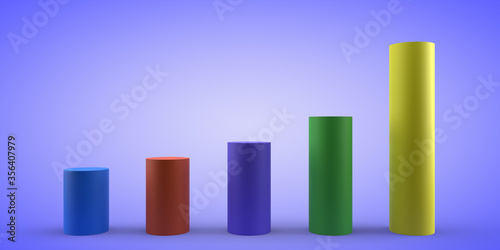 Abstract graph of multi-colored cylinders on a blue background. Business schedule. 3d render