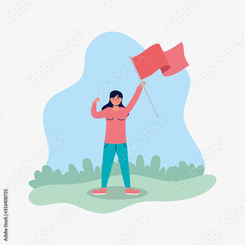 young woman protesting with flag