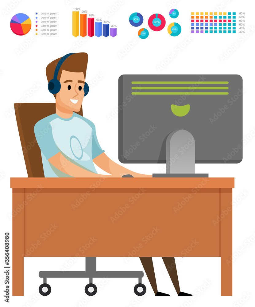 Worker communication with pc, graph with percent, work or hobby. Portrait view of sitting male in headset working with computer, statistic report vector Worker communication with pc, graph with percent, work or hobby. Portrait view of sitting male in headset working with computer, statistic report vector