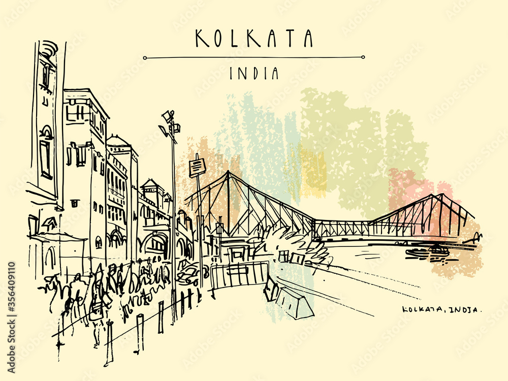 Kolkata, India. Howrah Junction Railway Station and Howrah Bridge. Hand drawn travel postcard. EPS10 vector illustration