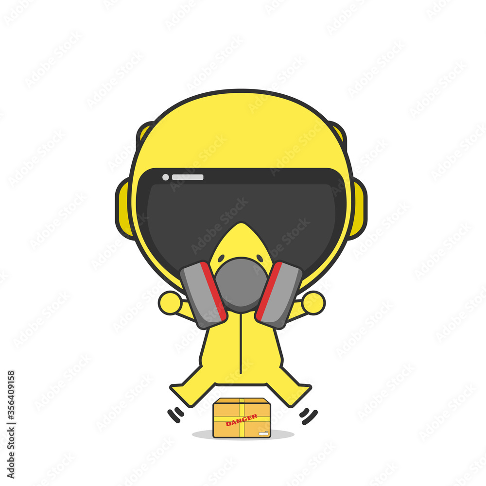 Human in respirator and protective clothing. Human jump over the small box Human in respirator and protective clothing. Human jump over the small box