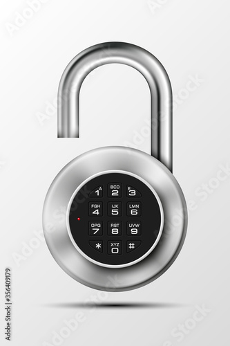 realistic opened padlock. Steel Mechanical Combination lock. Privacy padlock illustration. Enter the PIN code. Electronic open lock icon. Reliable padlock Protection badge. Code combination symbol