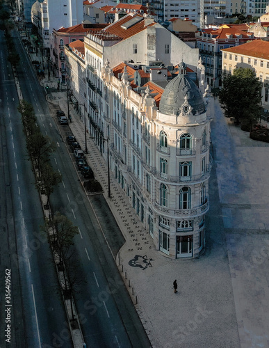 Empty streets of Lisbon during the pandemic, aerial drone