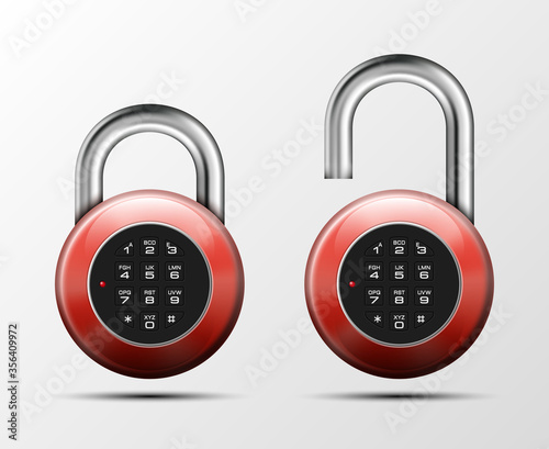 realistic open & close padlock. Steel Mechanical Combination lock. Privacy illustration Enter the PIN code. Electronic lock icon. Reliable Protection badge. Code combination open & close symbol
