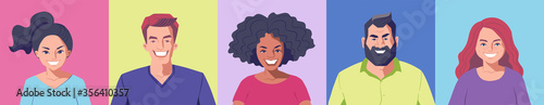 Cartoon portraits of young adults, front view. Diverse group of people, vector character illustration. User avatar for social media. Men and women heads and faces