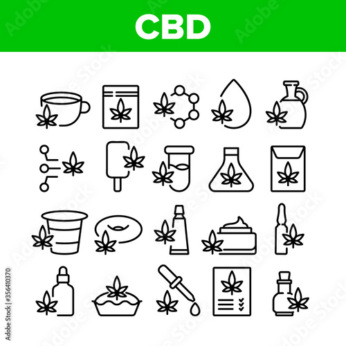 Cbd Cannabis Product Collection Icons Set Vector. Cannabis Drink And Ice Cream, Cake And Pie, Capsule And Flask, Liquid Drop And Bottle Concept Linear Pictograms. Monochrome Contour Illustrations