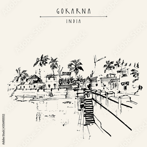 Holy lake in Gokarna village, Karnataka, India. Hand drawn cityscape sketch. Travel art. Vintage hand drawn book illustration, postcard or touristic poster in vector