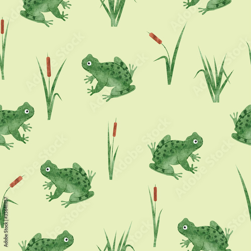 Fototapeta Cute watercolor reed and frog pattern
