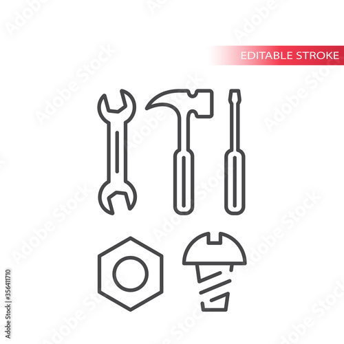 Spanner or wrench, bolt, nut and screwdriver hardware tools thin line icon set. Outline, editable stroke.