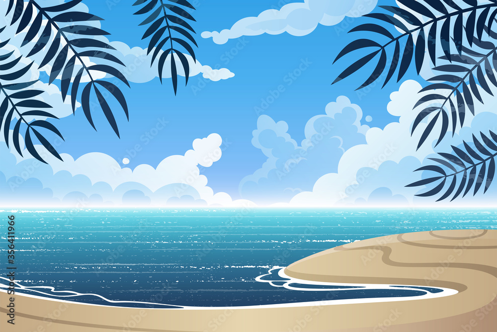 Sea beach landscape with blue sea, palms and white clouds in the sky. Tropical beach, vector background. 