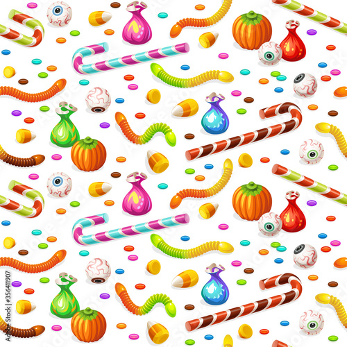 Seamless pattern with colorful Halloween sweets for children: candy, chocolate, jelly isolated on white background.