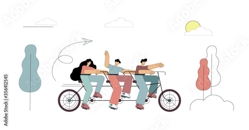  People ride a tandem bike. Walk, entertainment, nature, holiday adventure Vector illustration