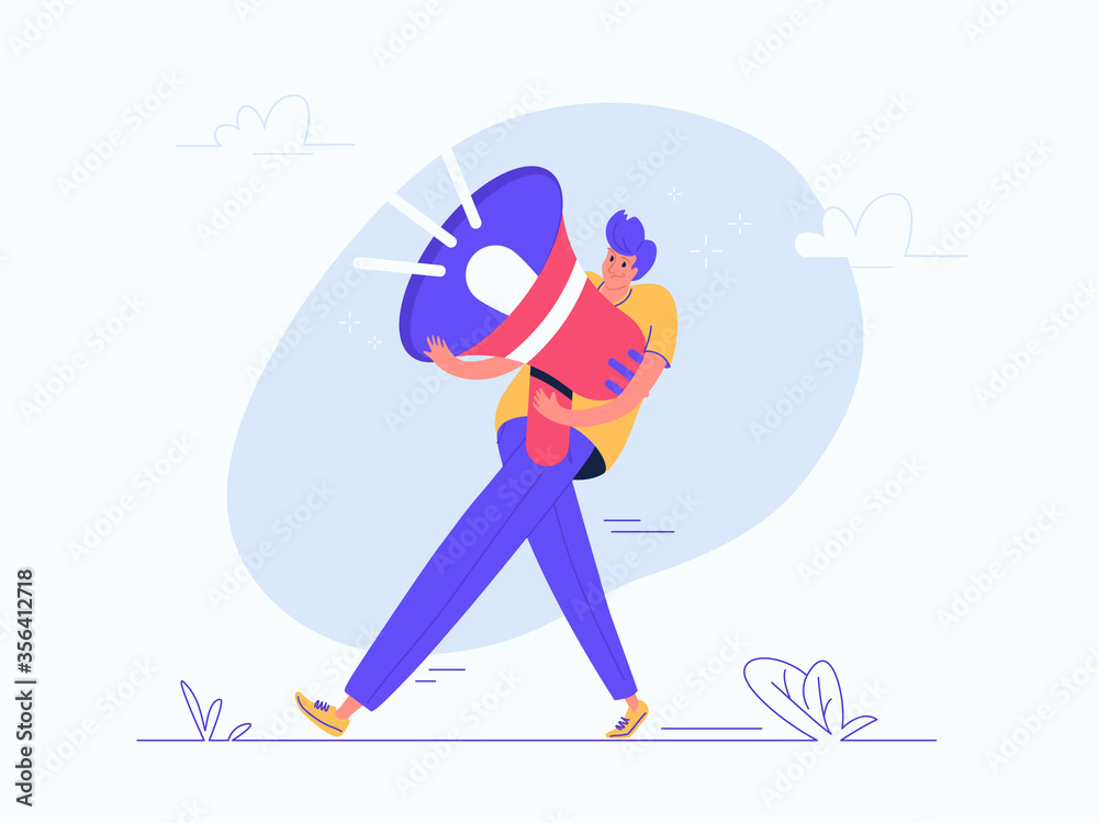 Young man carrying heavy red megaphone. Flat modern vector illustration of burden of social media marketing and network announcements. Casual design of people with loudspeaker on white background