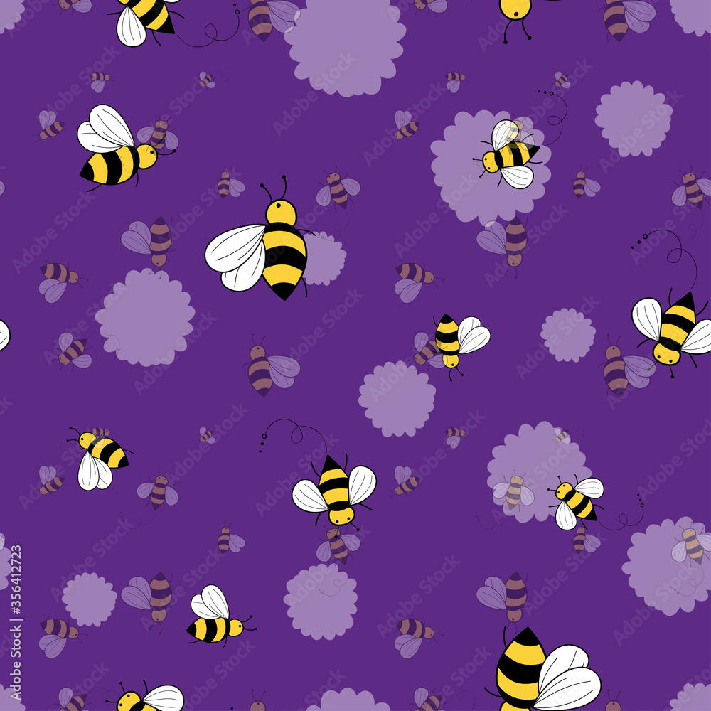 Seamless pattern vector bees illustration on purple background